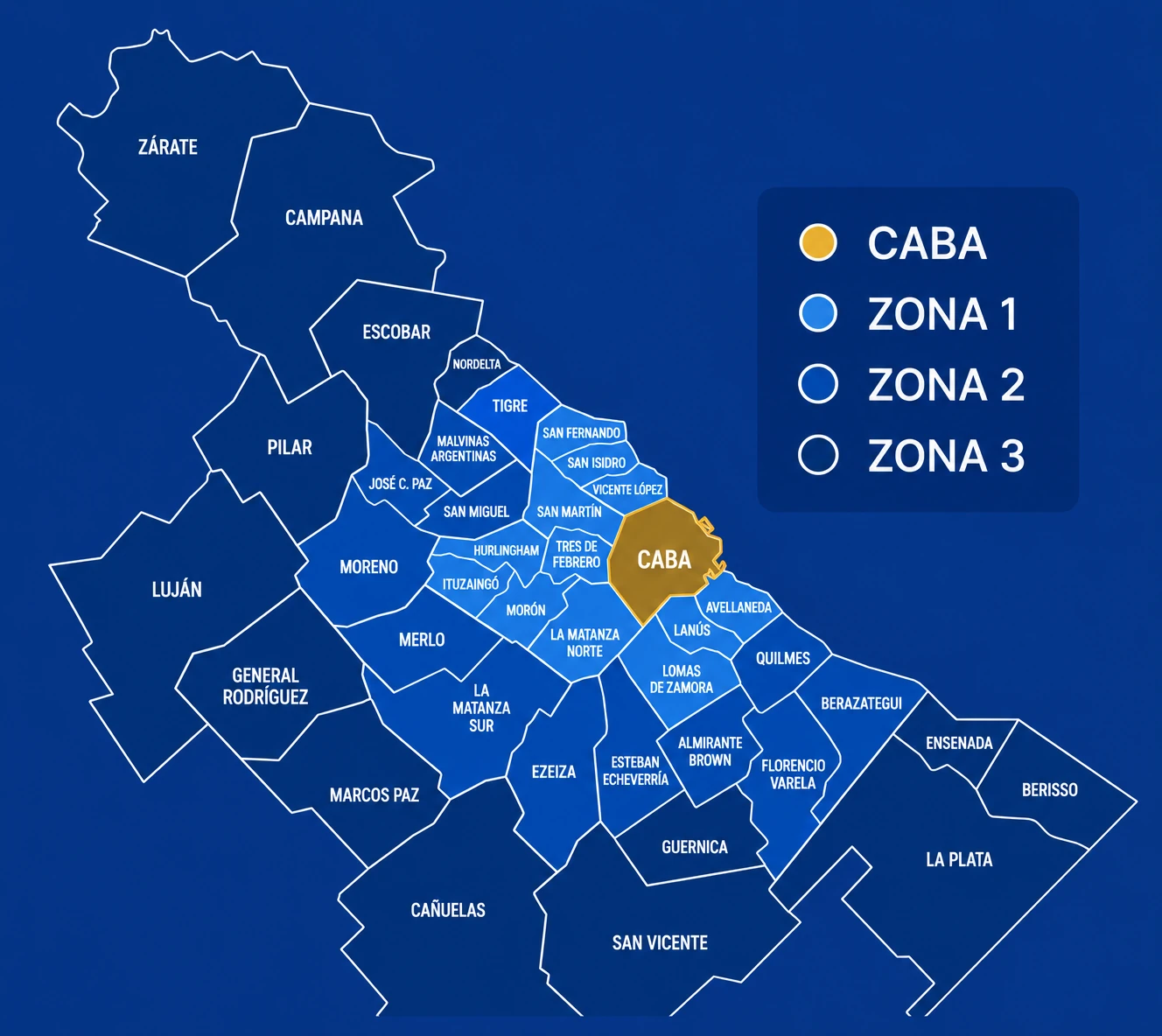 Mapa de cobertura de envíos en AMBA por zonas